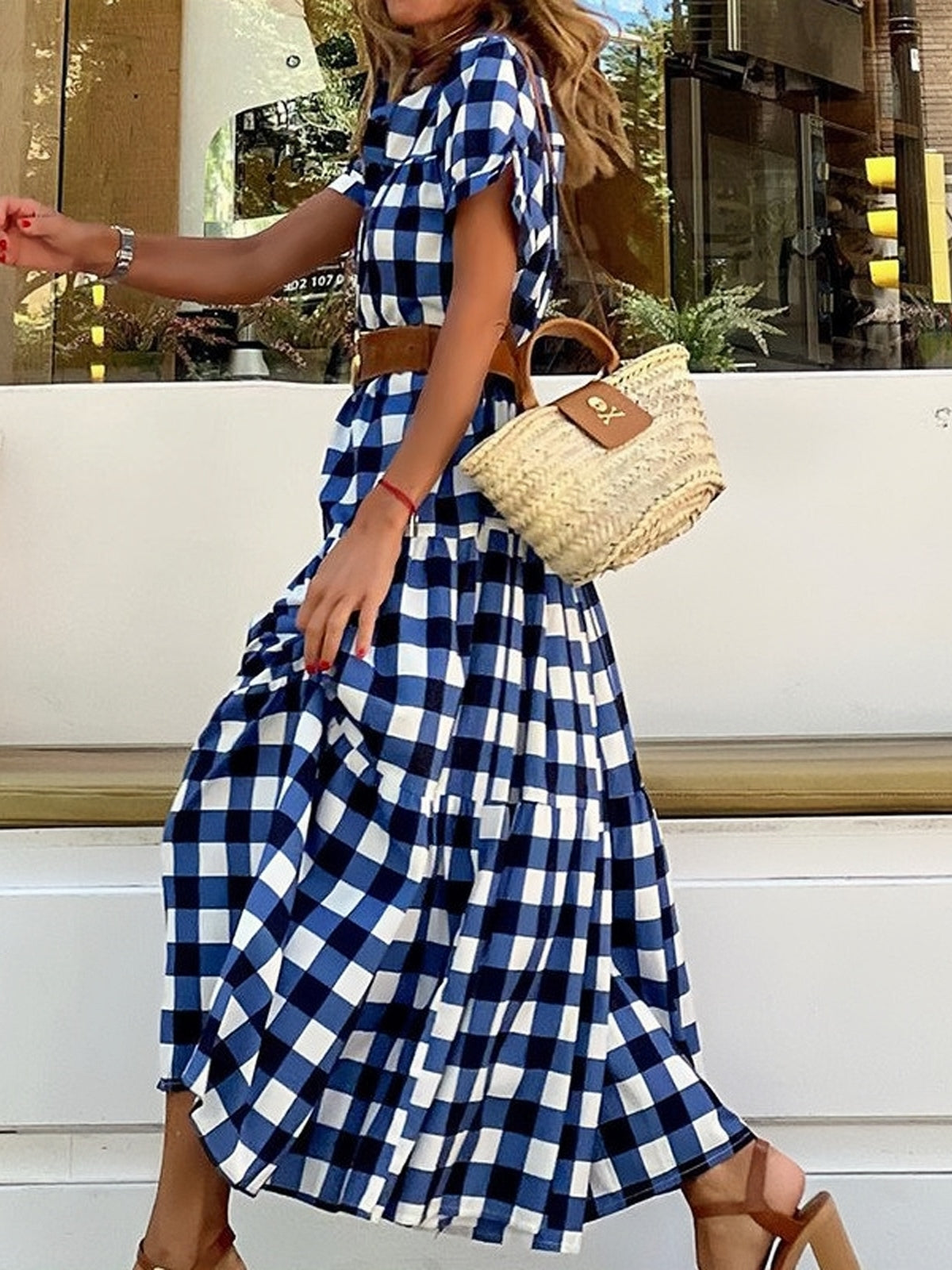 Blue Short Sleeve Button Dress