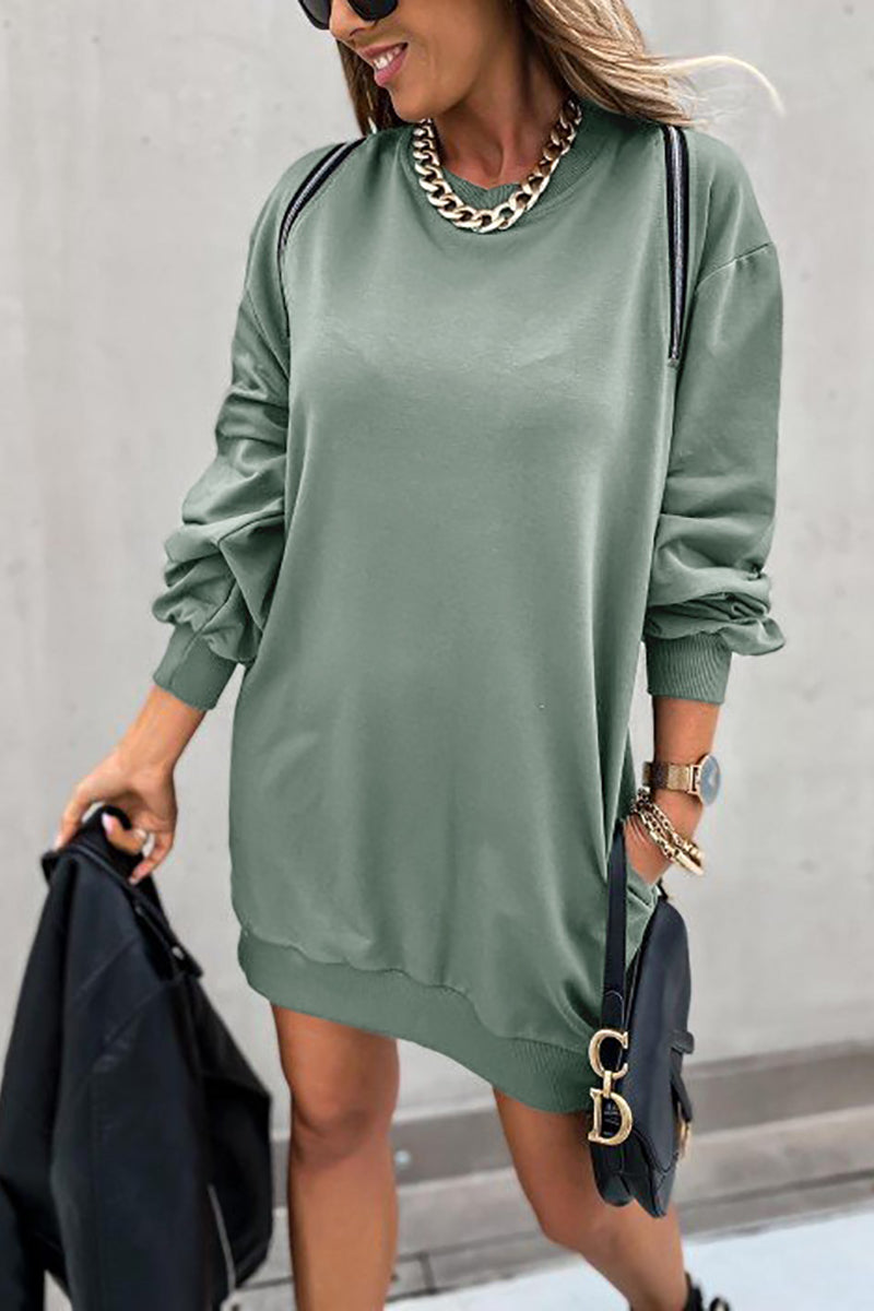 Zipper Slit O Neck Hoodie Dress