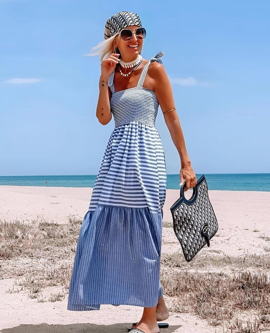 Blue Striped Ruffle Hem Cami Dress