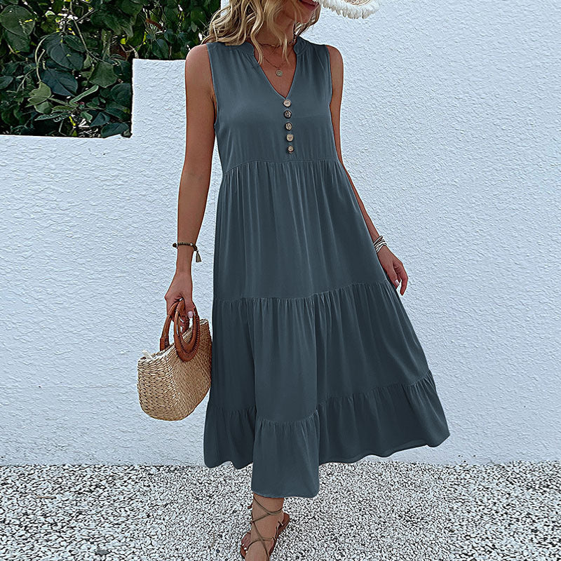 V Neck Button Layered Hem Smock Dress