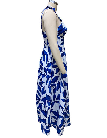 Blue Printed Long Dress with High Waisted Straps