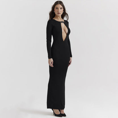 Black Long SLeeve Hollow Graceful Cut Out Midi Dress