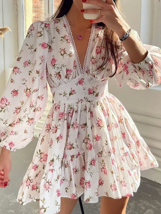 V Neck Long Sleeve Floral Print Dress