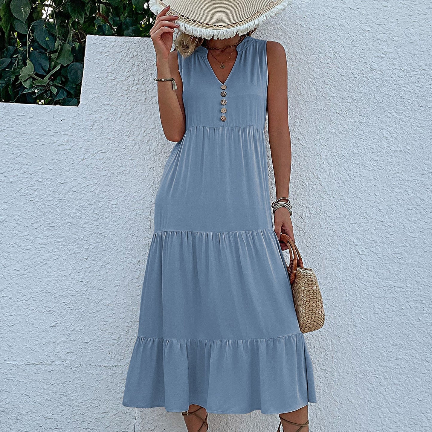 V Neck Button Layered Hem Smock Dress