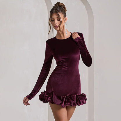 Velvet Pleated Hem Long Sleeve Party Dress