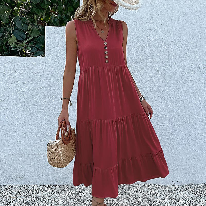 V Neck Button Layered Hem Smock Dress