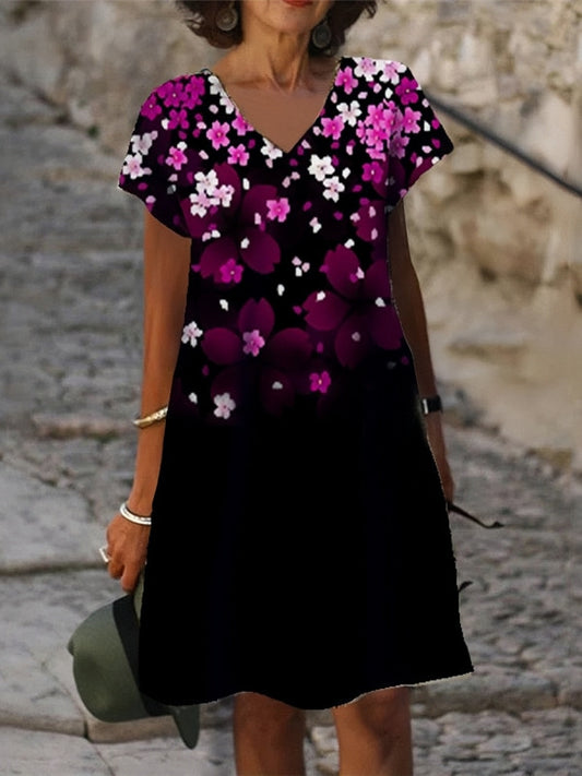 Black Purple Floral V Neck Casual Short Sleeve Shift Dress