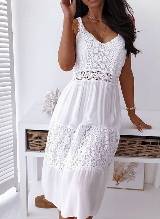 White V Neck Lace Dress with Backless Design