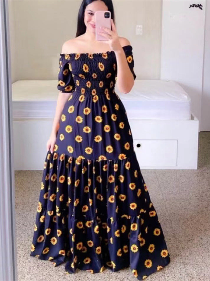 Sunflower Print Short Sleeve Maxi Beach Dress - Blue