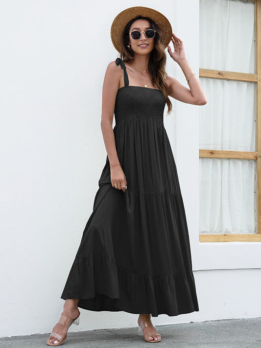 Black Backless Ruffle Trim Dress with Tie