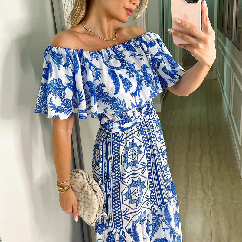 Ruffle Print Off Shoulder Maxi Dress with Geometric Design