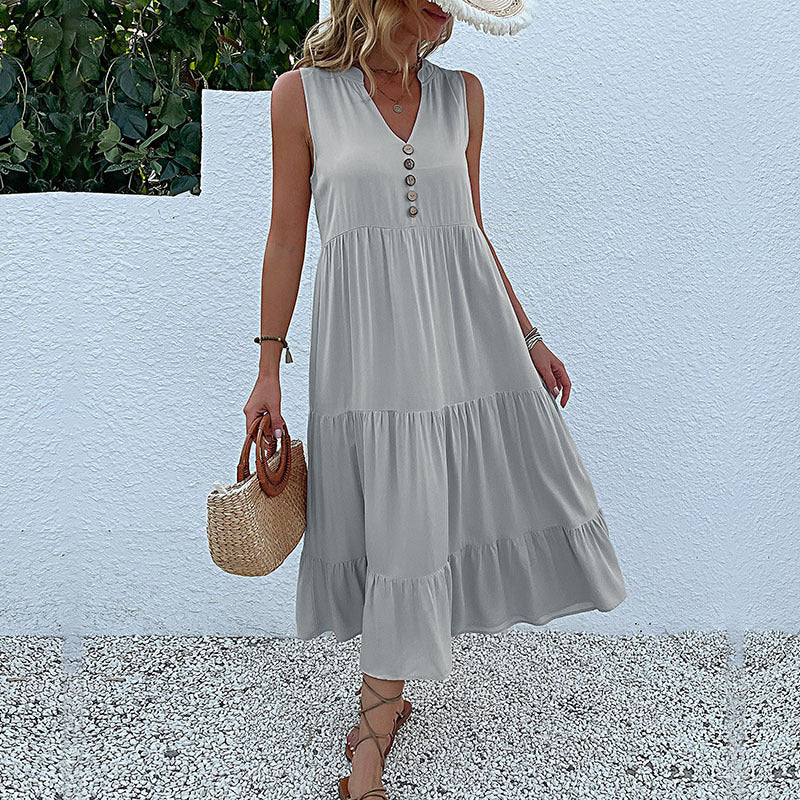 V Neck Button Layered Hem Smock Dress