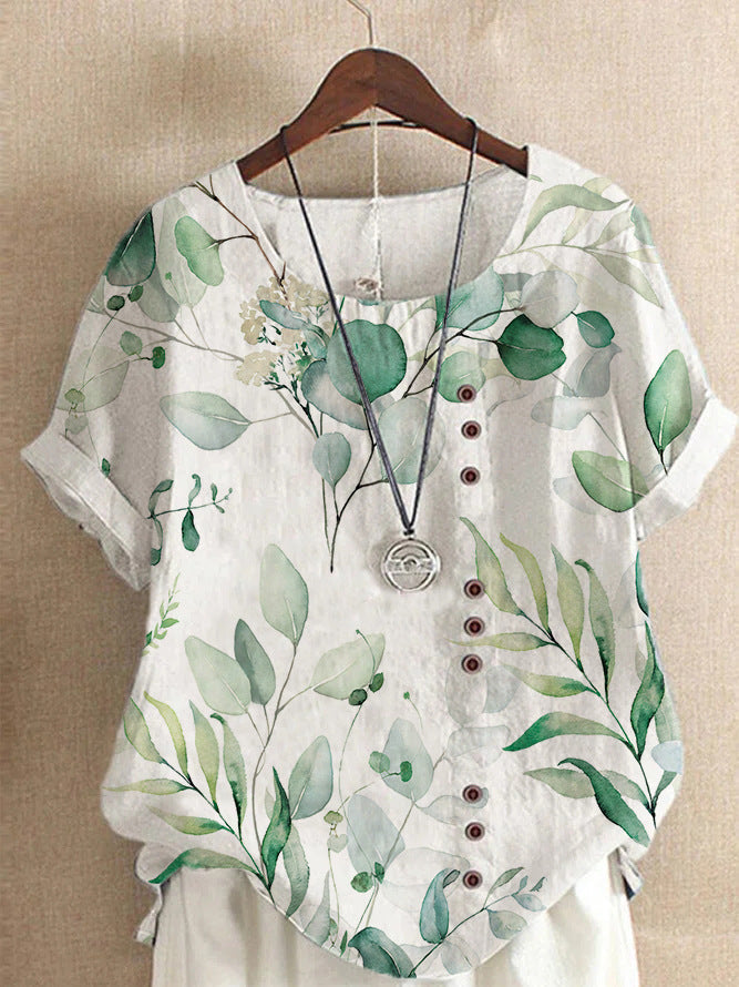 Blouse Casual for Fashion Loose Patterned Short-sleeved Retro Blouse Summer