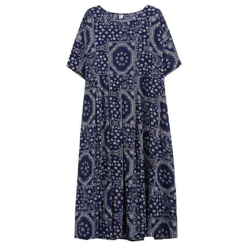 Boho Swing House Dress with Pockets in Blue Print