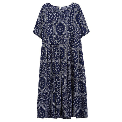 Boho Swing House Dress with Pockets in Blue Print