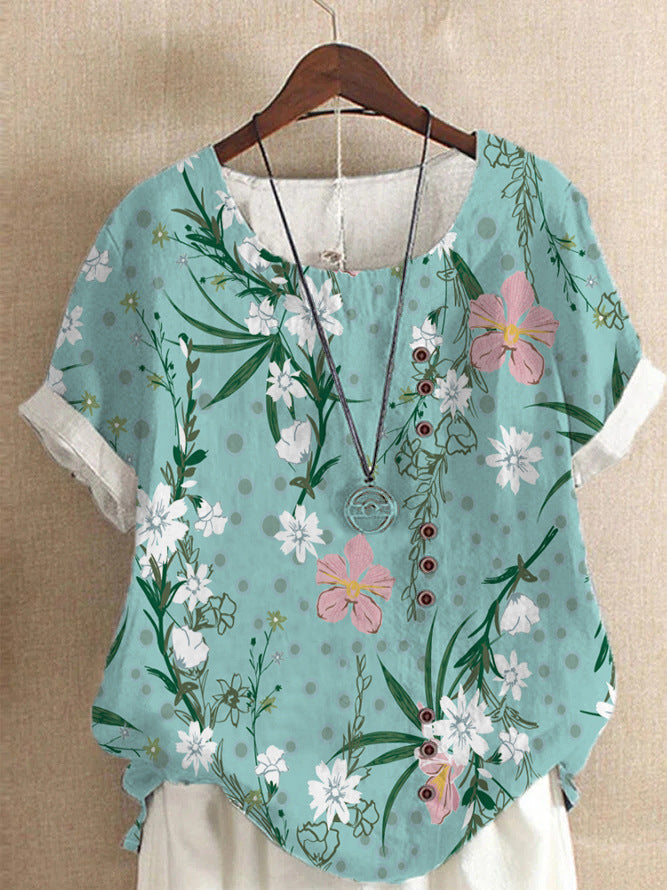 Blouse Casual for Fashion Loose Patterned Short-sleeved Retro Blouse Summer