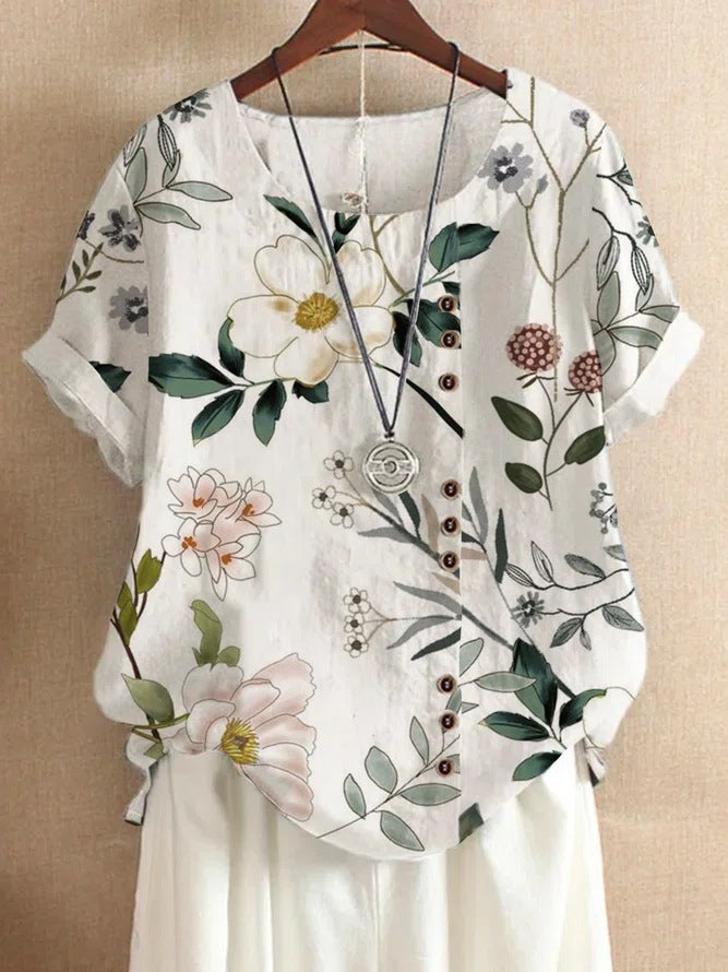 Blouse Casual for Fashion Loose Patterned Short-sleeved Retro Blouse Summer