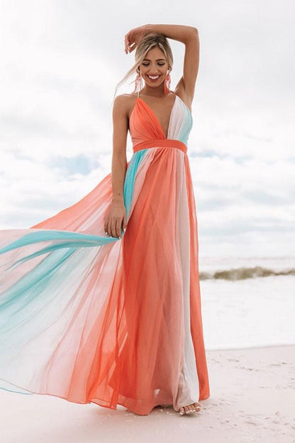 Rainbow Chiffon Maxi Beach Dress in Orange