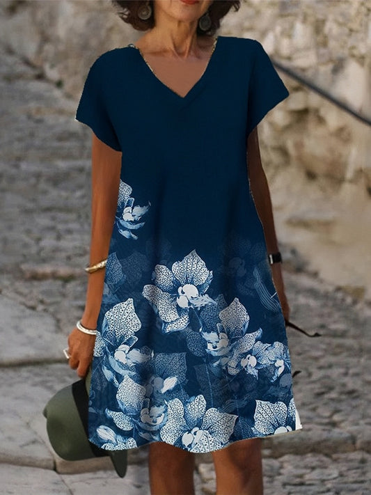 Blue Floral V-Neck Short Sleeve Shift Dress