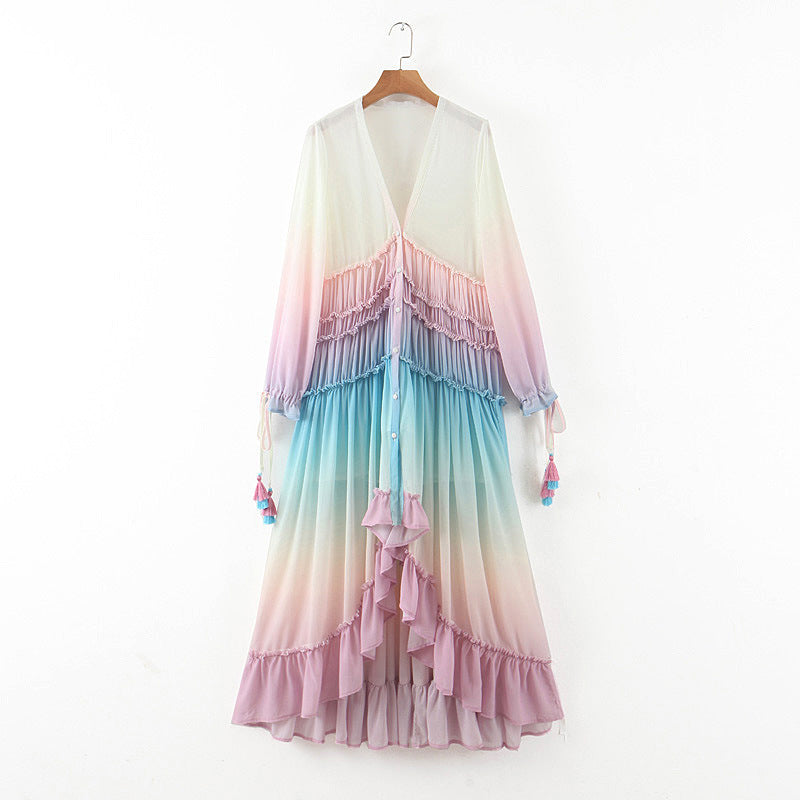 Rainbow V-Neck Warm-Season Ruffle Trim Dress