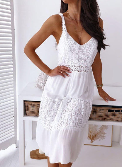 White V Neck Lace Dress with Backless Design