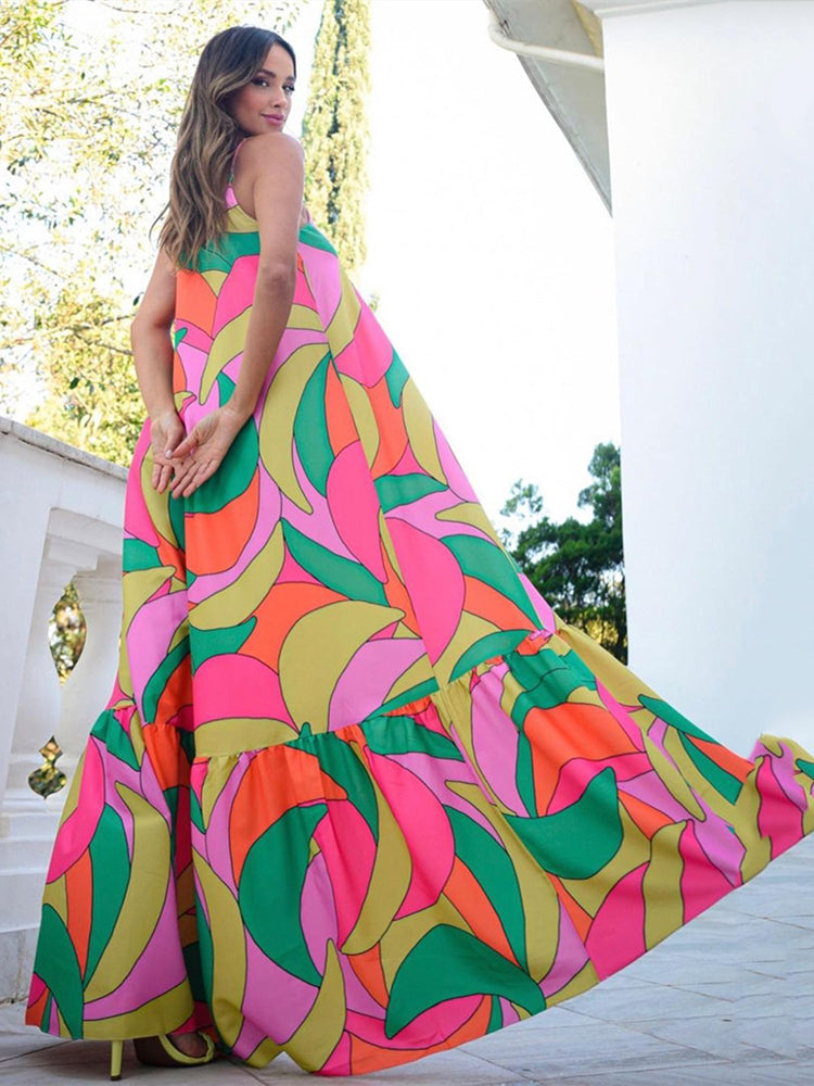 Abstract Print Spaghetti Strap Maxi Dress