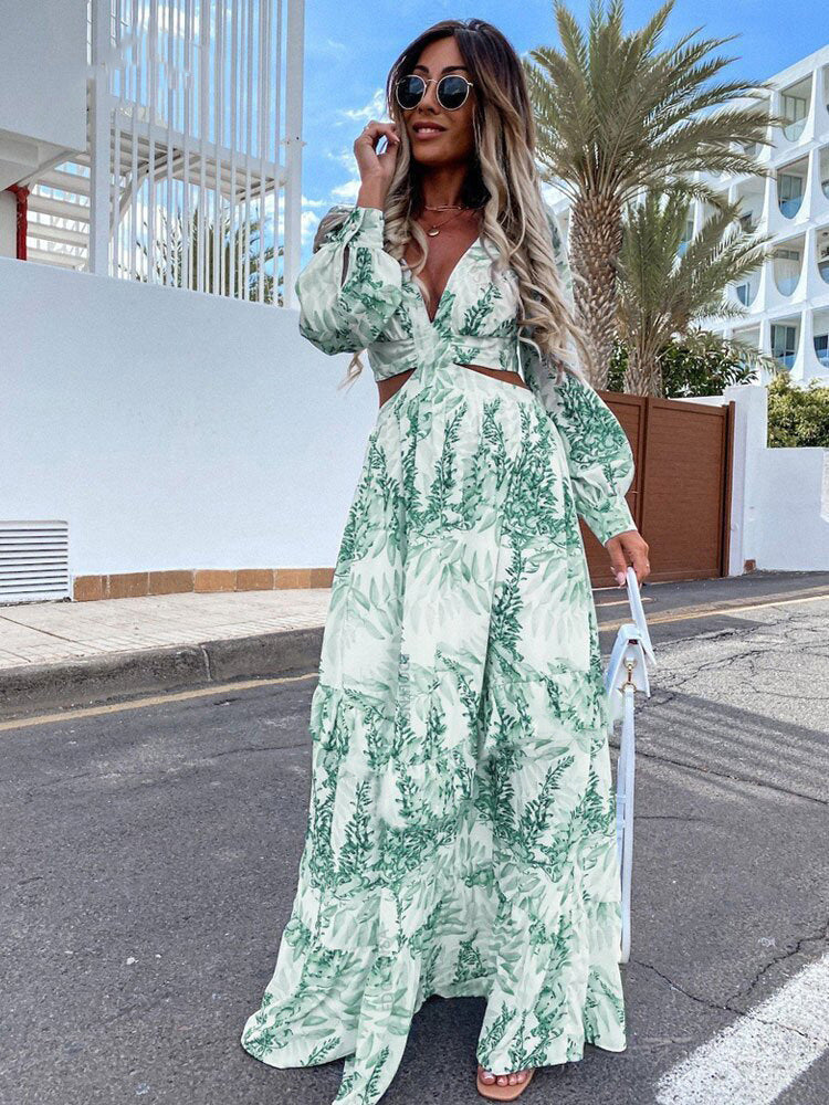 V-Neck Bachelorette Floral Print Maxi Dress with Long Sleeves