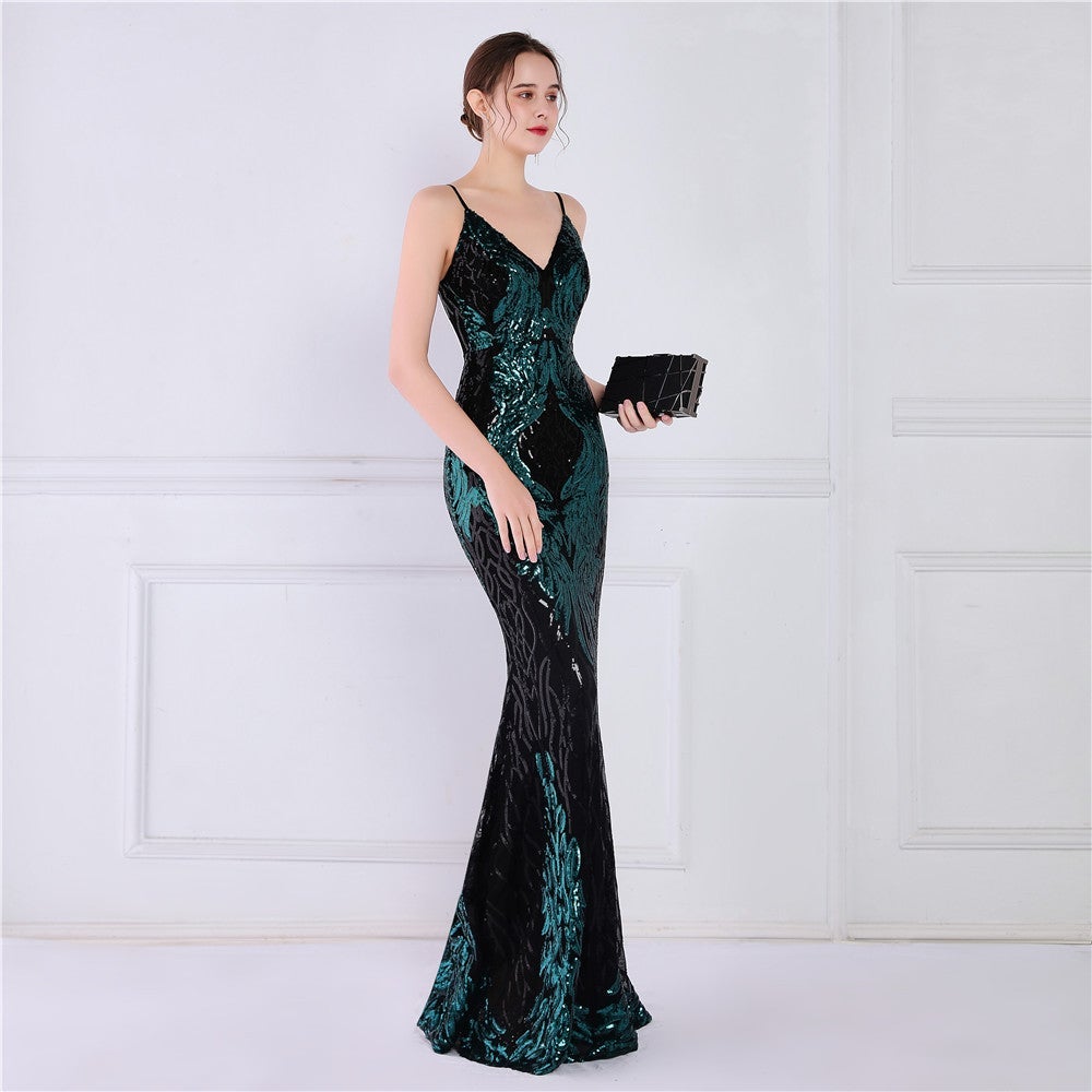 Wings Pattern Sequin Charming Mesh Strappy Gown