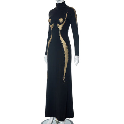 Black Long Sleeve Metallic Graceful 3D Body Print Maxi Dress