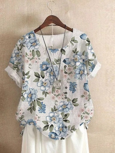 Blouse Casual for Fashion Loose Patterned Short-sleeved Retro Blouse Summer