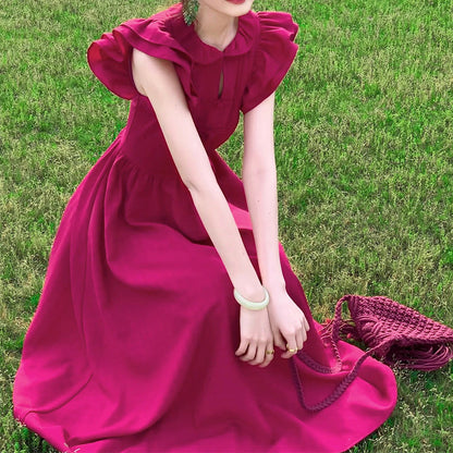 Raspberry Red Summer Dress with Flying Sleeves and Doll Collar