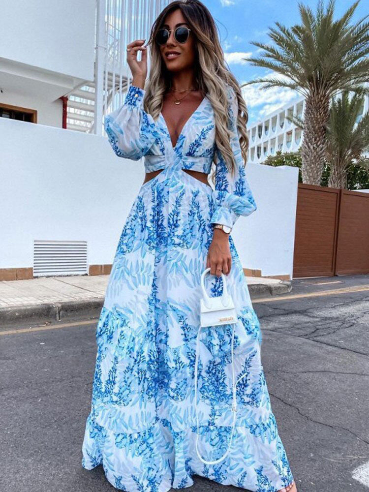 V-Neck Bachelorette Floral Print Maxi Dress with Long Sleeves