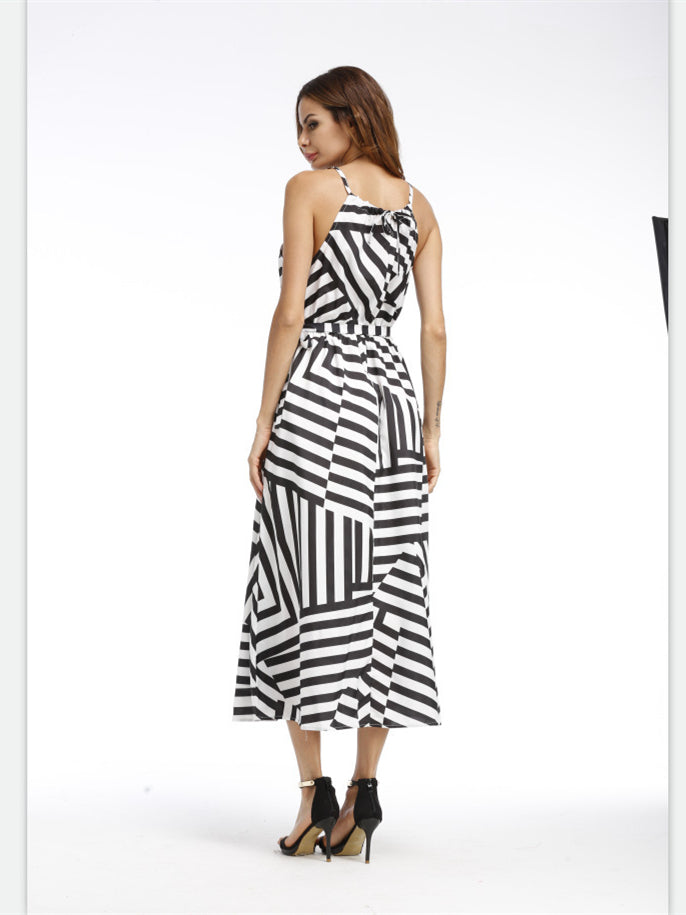 Striped in Waist Black Halter and Gown Empire White