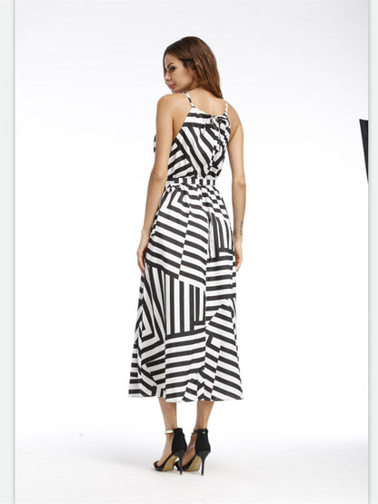 Striped Halter Empire Waist Dress in Black and White