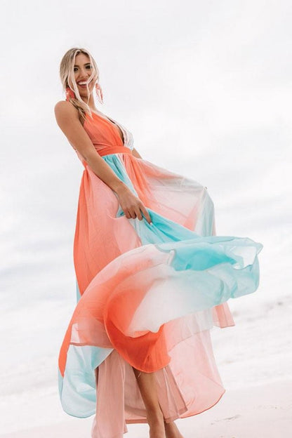 Rainbow Chiffon Maxi Beach Dress in Orange