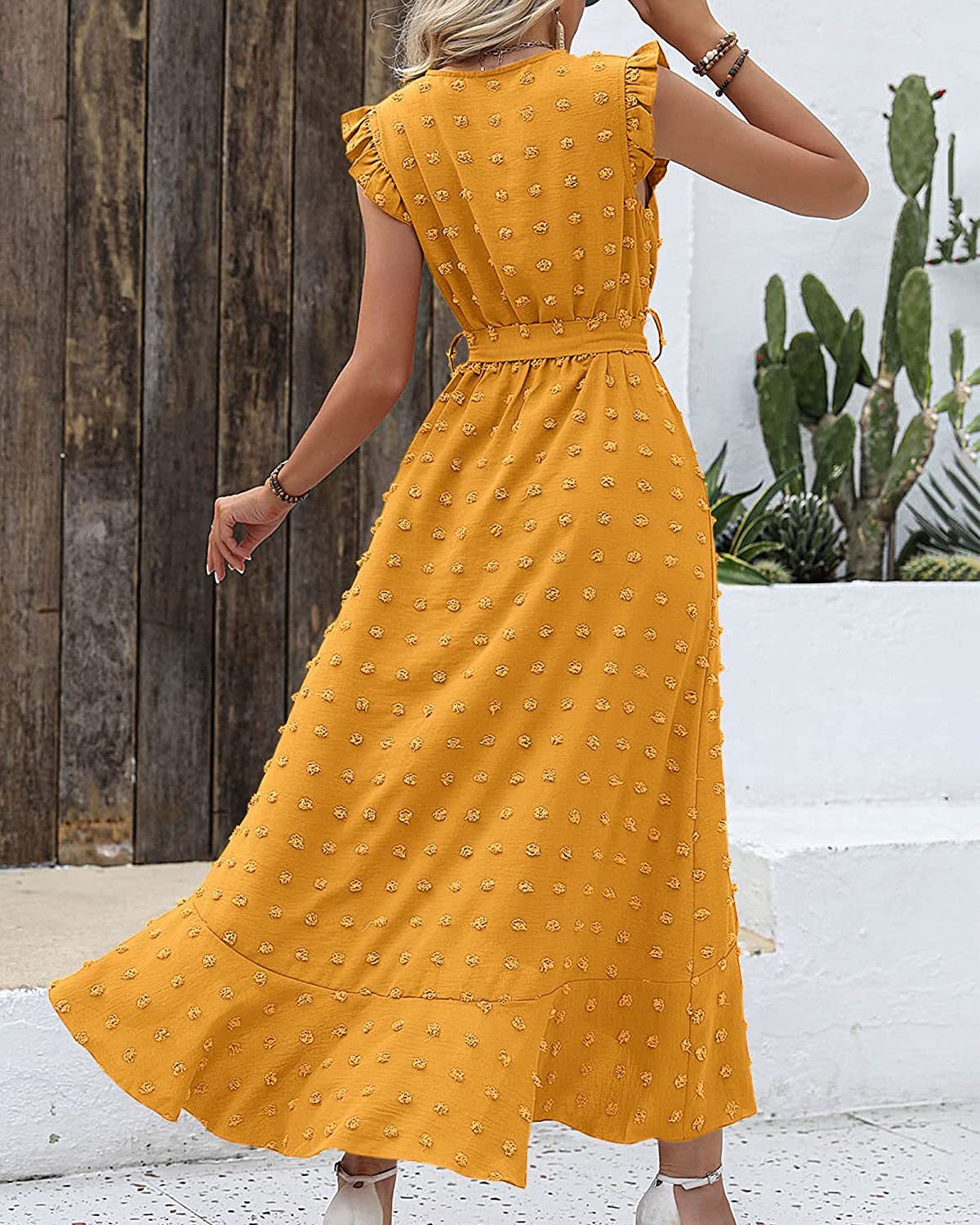 Swiss Dot Cap Sleeve Knot Front Dress in Yellow