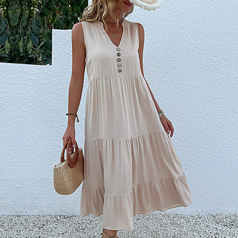 V Neck Button Layered Hem Smock Dress