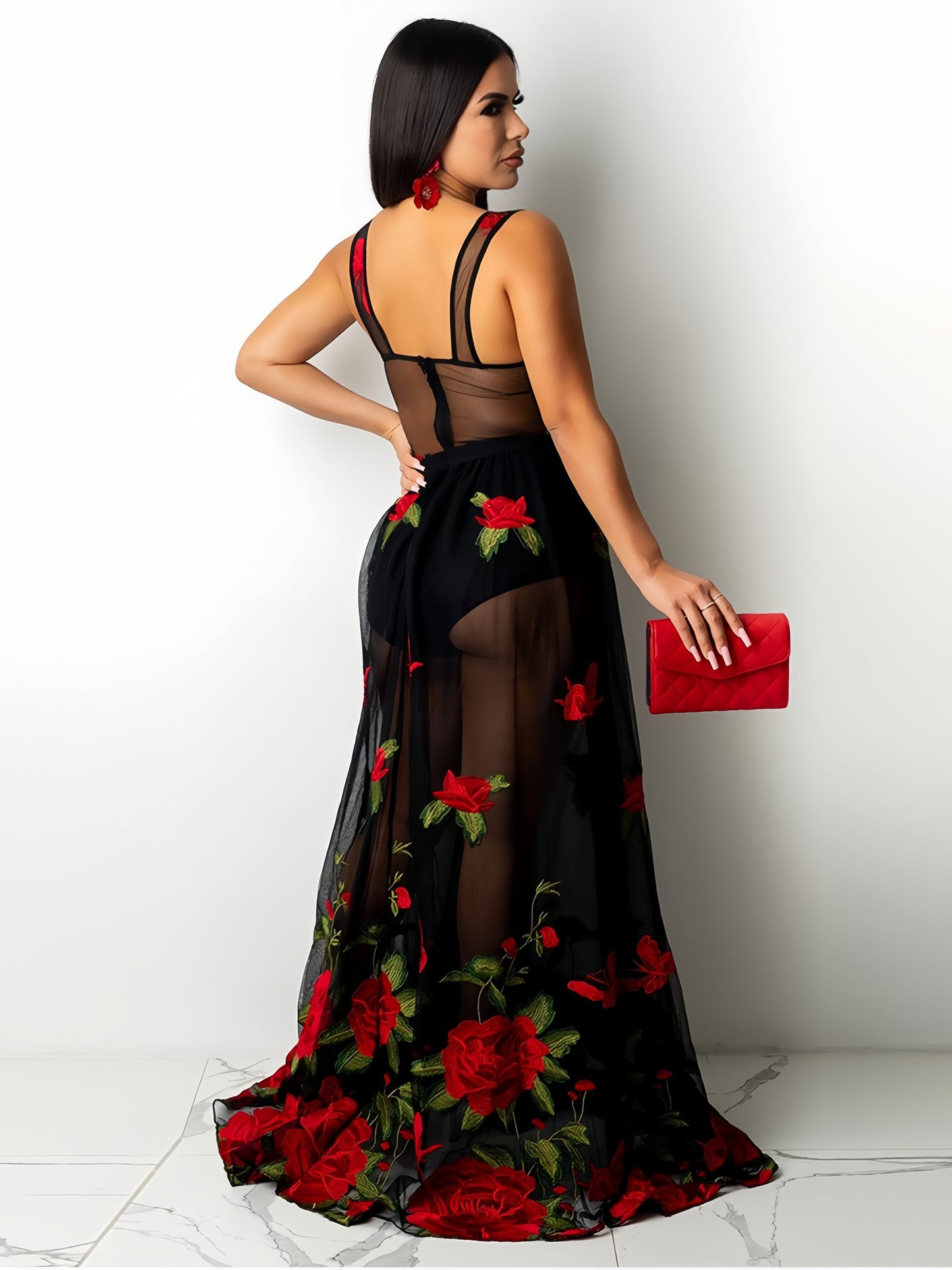 Red Rose Gala Sheer Maxi Club Dress in Black