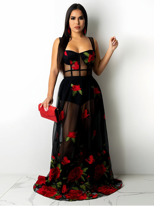 Red Rose Gala Sheer Maxi Club Dress in Black