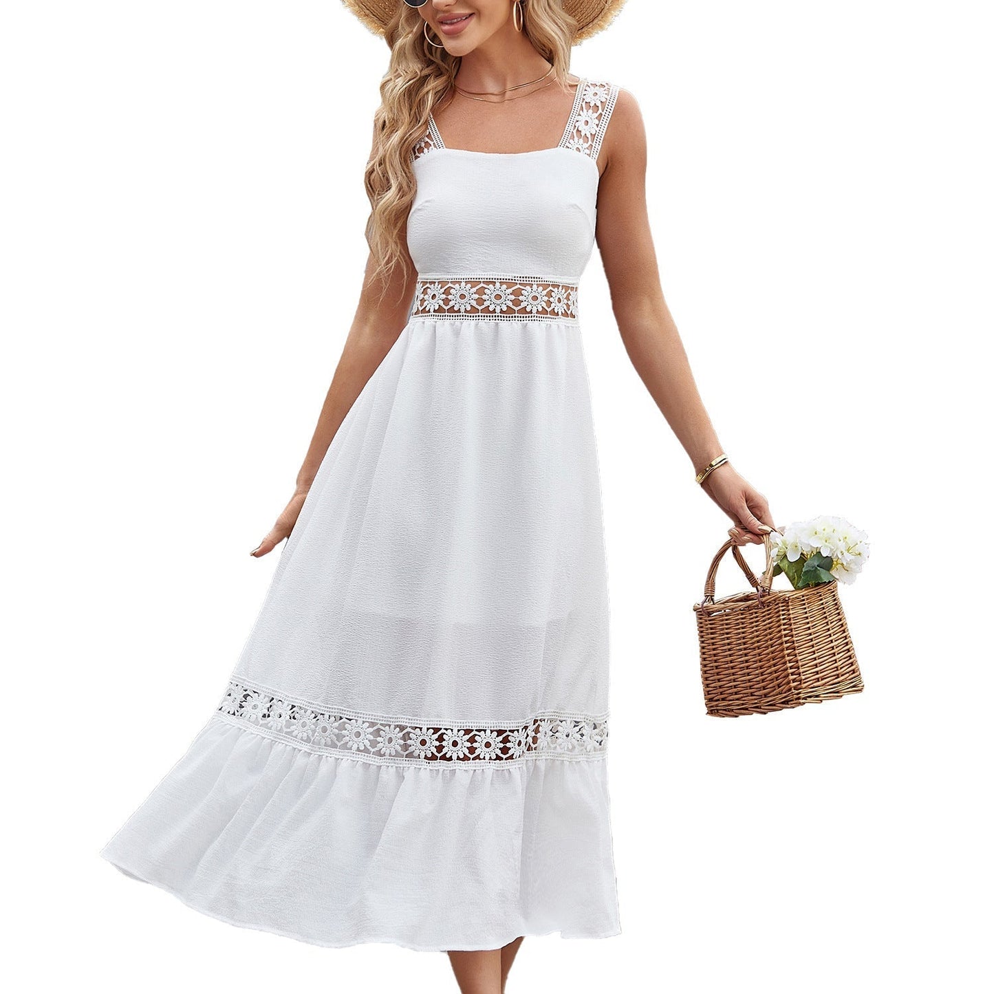 White Lace Insert Ruffle Hem Dress