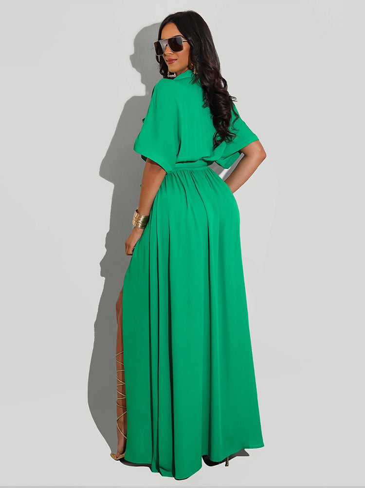 Belted Long Sleeve Trendy Shirt Midi Dress