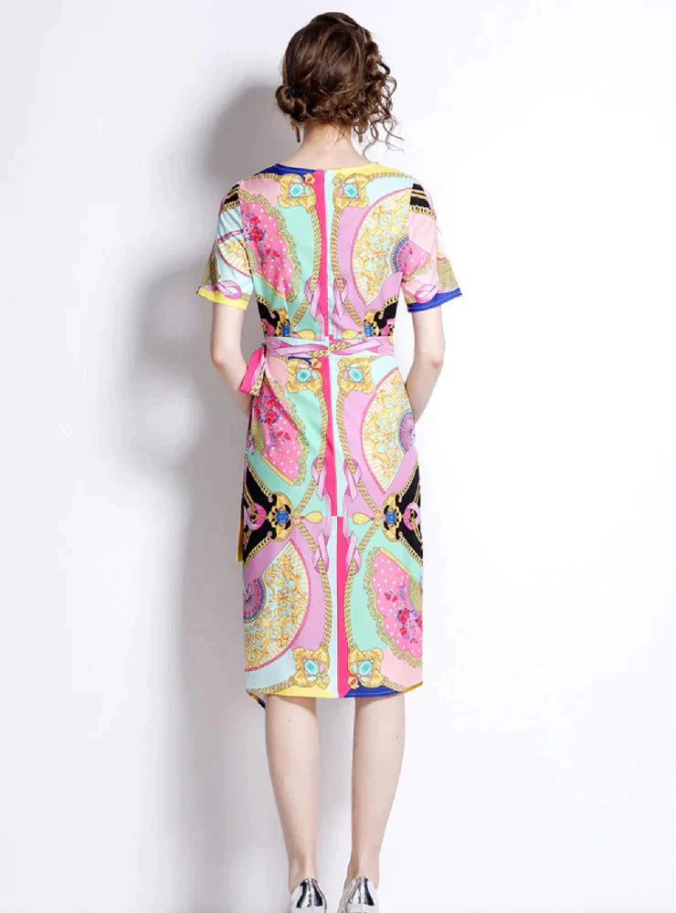 Slim Waist Short Sleeve Dress with Print