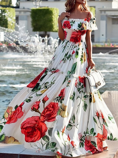 Summer Rose Off Shoulder Maxi Dress with Floral Print