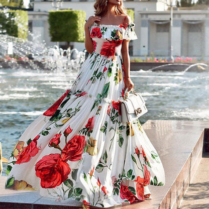 Summer Rose Off Shoulder Maxi Dress with Floral Print