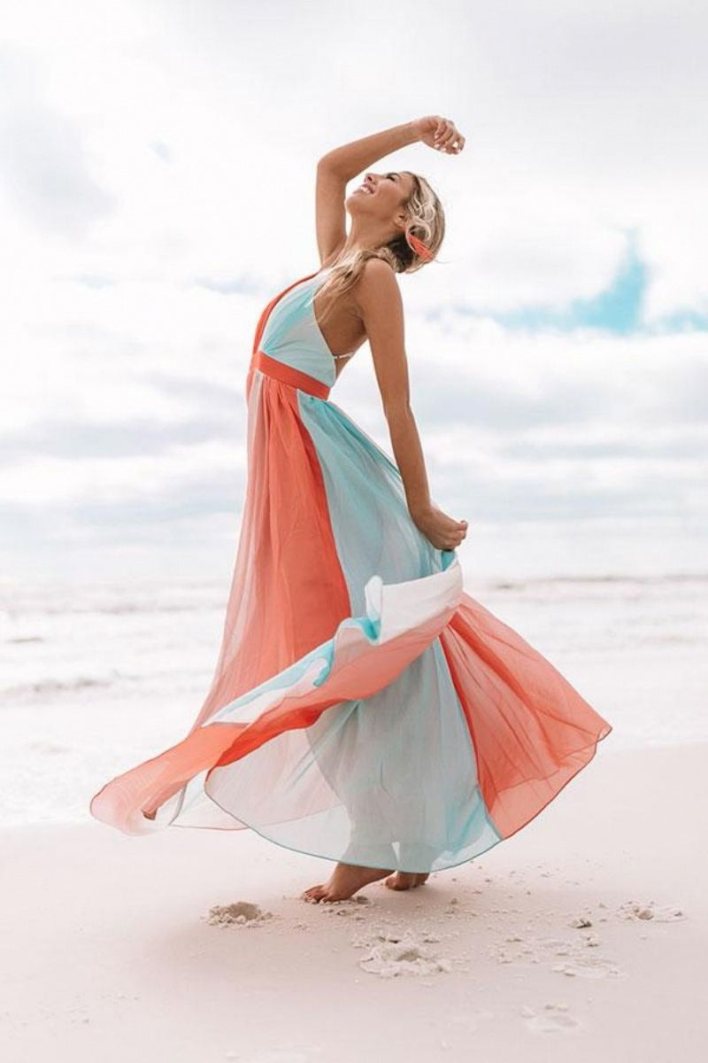 Rainbow Chiffon Maxi Beach Dress in Orange