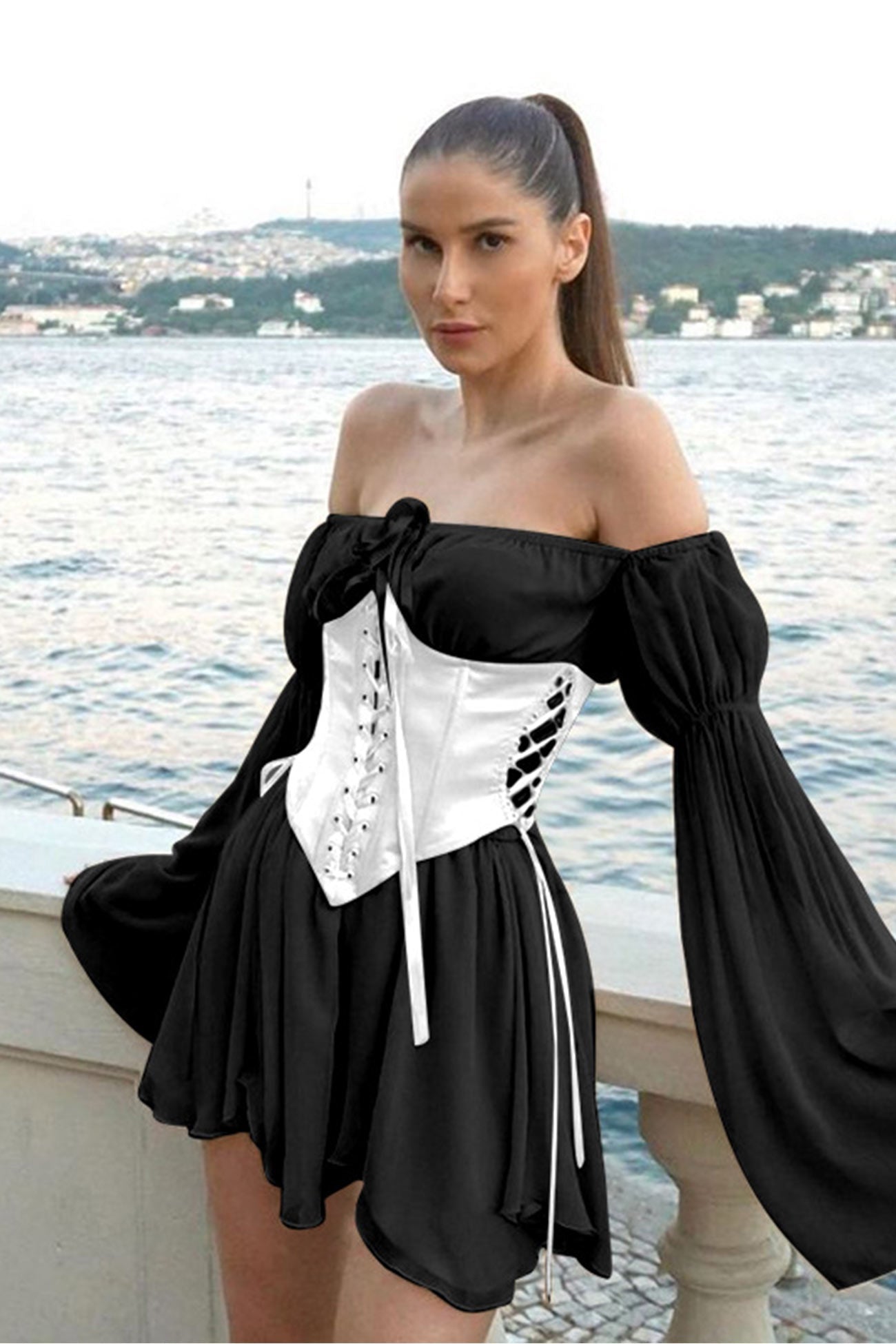 Off Shoulder Lace-up Corset Ruched Dress