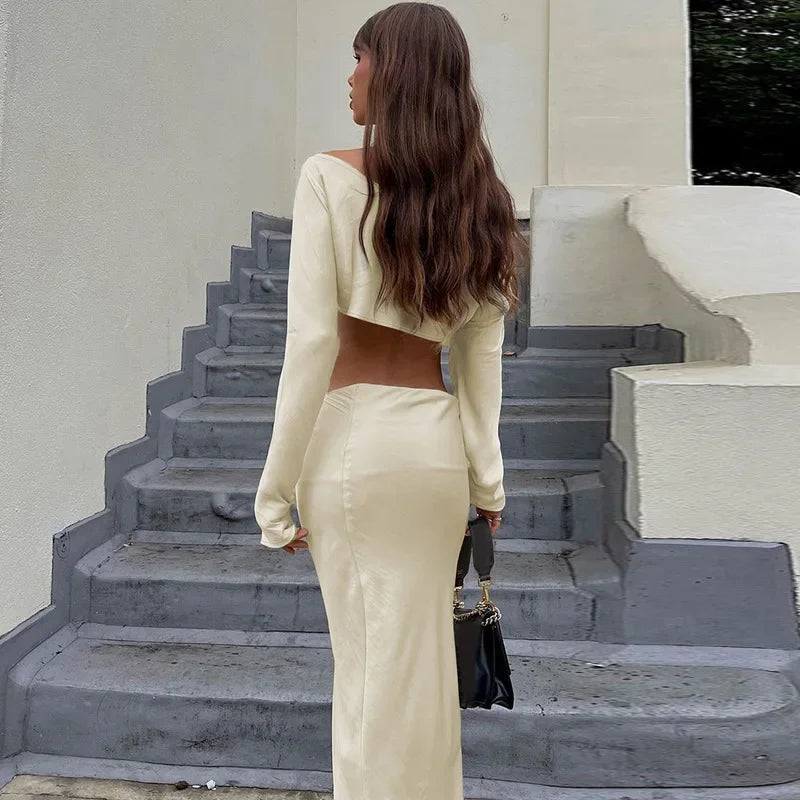 Shoulder Long Sleeve Maxi Dress