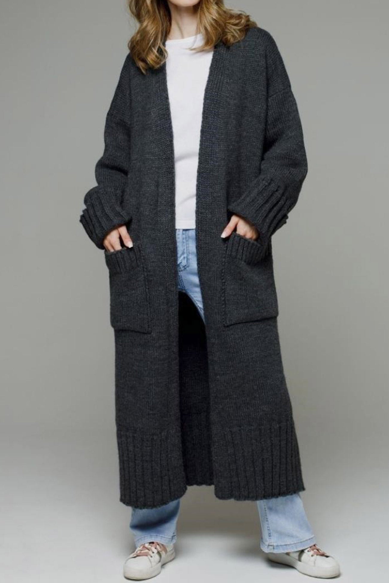 Long Cardigan with Open Front and Pockets