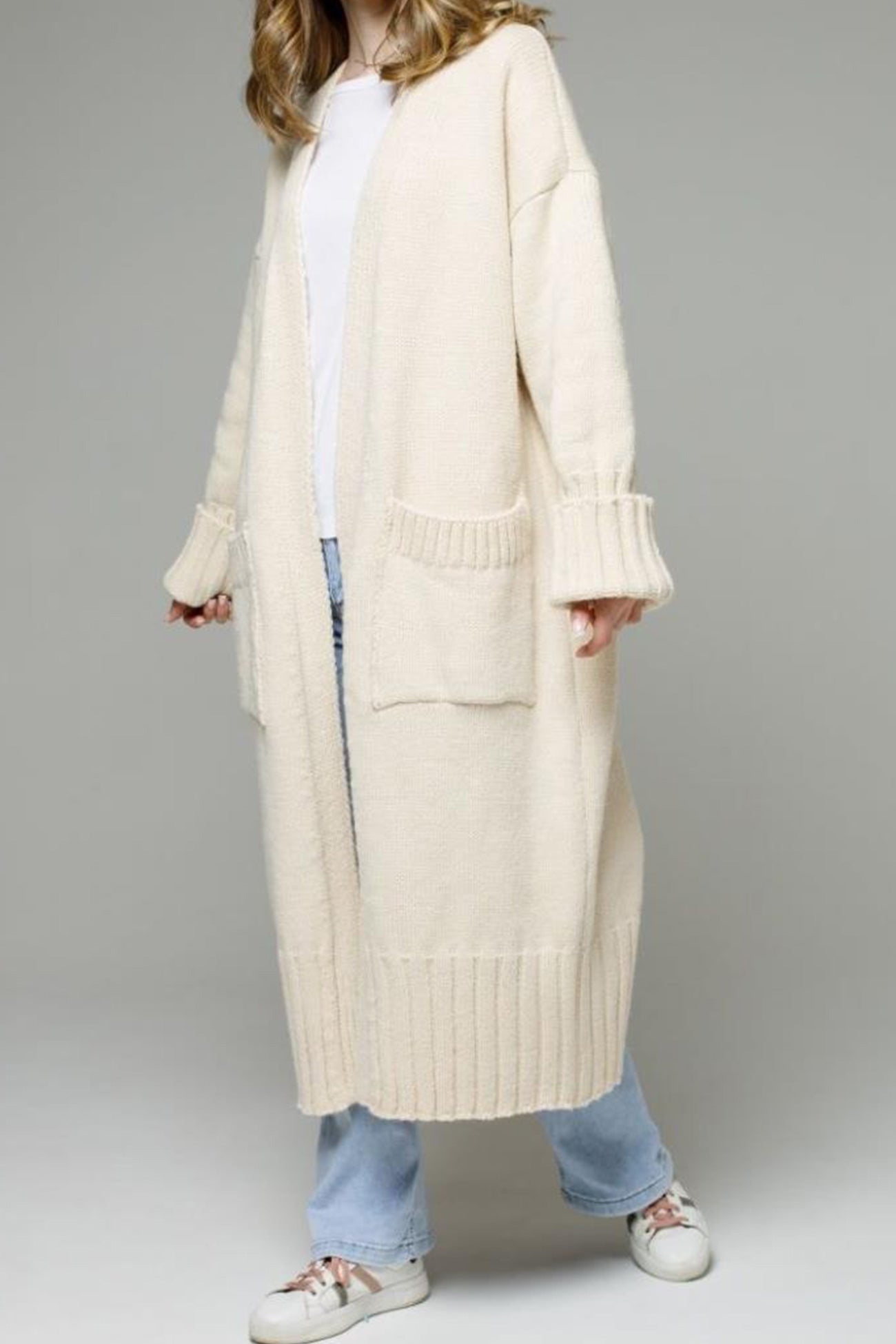 Long Cardigan with Open Front and Pockets