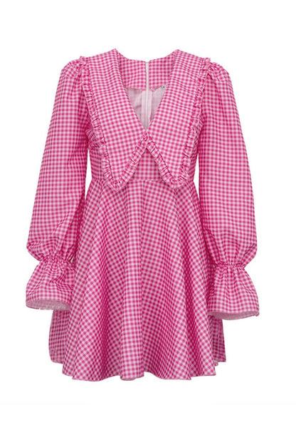 Pink Plaid A-Line Babydoll Dress with Lapel